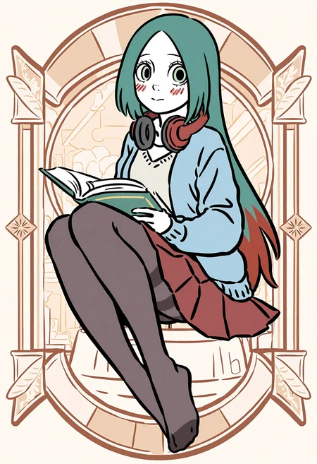 1girl,
illustration.media, jingwei \(feiren zai\),
feiren zai \(style\),flat color,
solo,full body,looking at viewer, parted bangs,breasts,blush,shirt,skirt,long sleeves,holding,sitting,white shirt,pantyhose,pleated skirt,feet,black pantyhose,book,headphones,no shoes,cardigan,holding book,thighband pantyhose,open book,headphones around neck,blue cardigan,petite,slender,green hair to red hair,multicolored hair,two-tone hair,black eyes,green eyes,
this work is part of the "feiren zai" series,featuring a character named jingwei. jingwei is a petite adult woman with green hair and a red end to her eyes.
safe,very awa,masterpiece,best quality,amazing quality,very aesthetic,absurdres,highres,newest,year 2024,
<lora:frz_wlq_v3_d_v3_noobaiXLNAIXLV101:0.95>