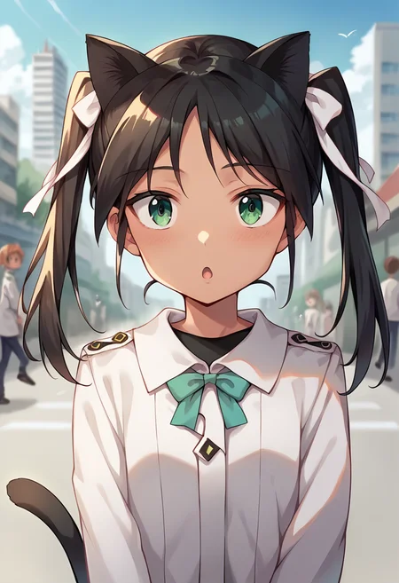 score_9, score_8_up, score_7_up, source_anime, masterpiece, 1girl, ctianfranc3sca, (tan:0.3), white uniform, white ribbon, neck ribbon, facing viewer, chestnut mouth,  looking at viewer, outdoors, sunny, day, city, depth of field, cat ears, cat tail, paw pose,<lora:Francesca_Lucchini_updated_v2_ct:1>,