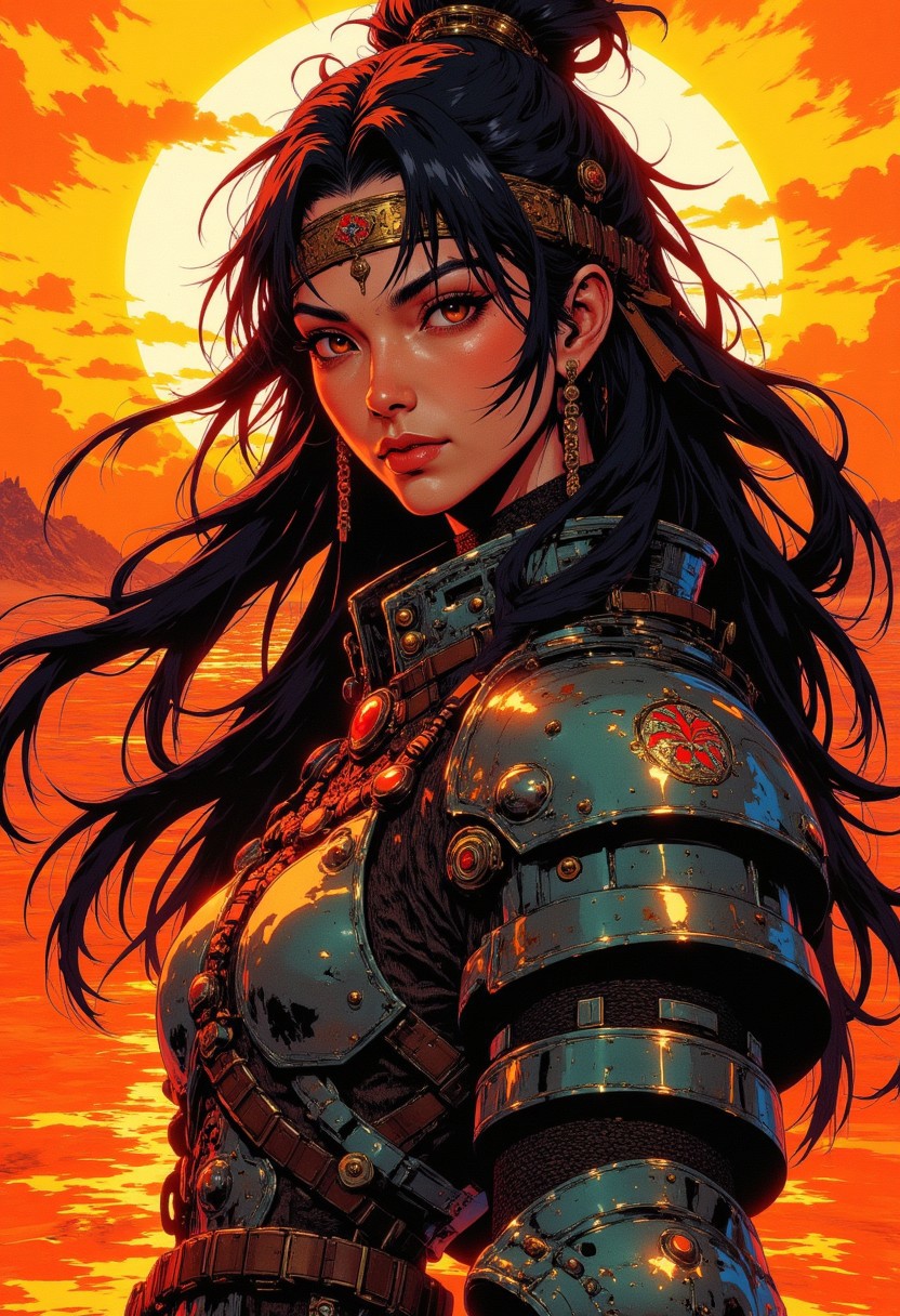 CAICO, Silhouette Art, breathtaking detailed, masterpiece, awe-inspiring, radiant, magnificent. (all dark hues and fine vibrant orange glowing smoldering accent and shiny silver color scheme:1.02). glossy. stunning oriental warrior princess wearing plated armour, leather headband, abstract background suggesting a beach at sunset, long hair, sidelocks, bangs, hair ribbon, earrings, necklace, choker, embroidered dress, direct gaze, light hitting one side of face, gradient colour background, Japanese kanji