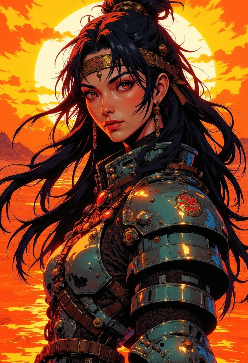 CAICO, Silhouette Art, breathtaking detailed, masterpiece, awe-inspiring, radiant, magnificent. (all dark hues and fine vibrant orange glowing smoldering accent and shiny silver color scheme:1.02). glossy. stunning oriental warrior princess wearing plated armour, leather headband, abstract background suggesting a beach at sunset, long hair, sidelocks, bangs, hair ribbon, earrings, necklace, choker, embroidered dress, direct gaze, light hitting one side of face, gradient colour background, Japanese kanji