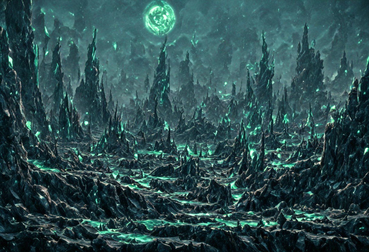 A beautiful landscape at night on an alien world, dramatic lighting, large moon in the sky, jade rocks, waterfalls, deep crevices, uhd, ultra-detailed, photography, f/8 photo, monoprone, nmskyrim