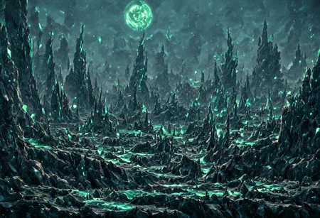 A beautiful landscape at night on an alien world, dramatic lighting, large moon in the sky, jade rocks, waterfalls, deep crevices, uhd, ultra-detailed, photography, f/8 photo, monoprone, nmskyrim