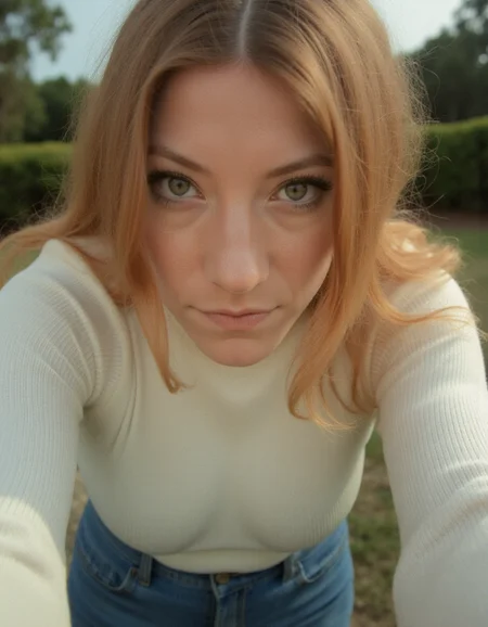 selfie pov, selfie, pov, taking selfie, low-angle shot, modern digital photography, cinematic portrait, young woman, blond hair, innocent, light-smile, striking eyes, soft warm lighting, vibrant color tones, vivid colors, fitted white sweater, narrow waist, fitted jeans, candid expression, shallow depth of field, warm retro ambiance, glowing skin tones, outdoor golden hour lighting, artistic composition, timeless style, slight analog texture, dreamy atmosphere, enhanced contrast, natural soft focus
<lora:lqstyle_r15:0.7>, <lora:The_Body_V3:1>, <lora:Jennifer_Carpenter_Flux:1>