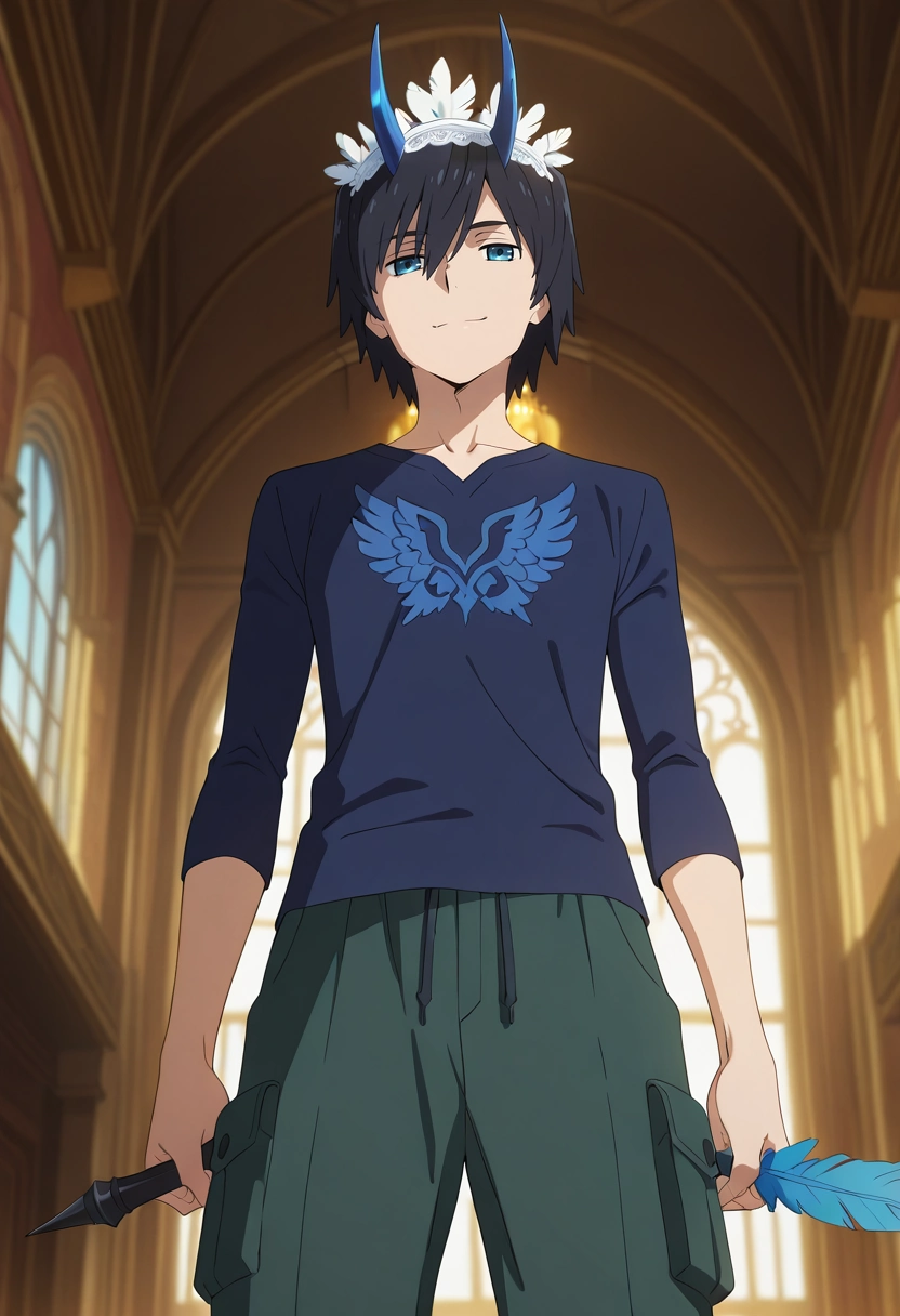 masterpiece, best quality, intricate details, anime screencap, anime coloring, official style, looking at viewer, 1boy, solo, male focus, <lora:hiro_franxx_ilxl:1>, hiro_franxx, black hair, blue eyes, bangs, blue horns, oni horns, from below, disneyland, indoors, light, holding object, half-closed eyes, smile, Cargo pants with zip-off legs, Jacquard Striated BlushPink Long-sleeve shirt, , Feathers headdress,