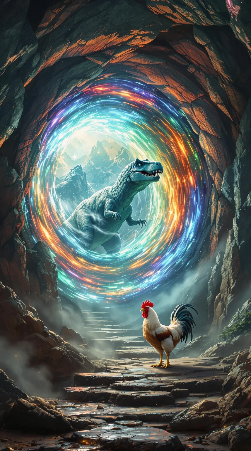 a huge portal into which a dinosaur enters and a rooster comes out. Super detailed image of a time portal with a swirl of energy that turns a dinosaur into a rooster