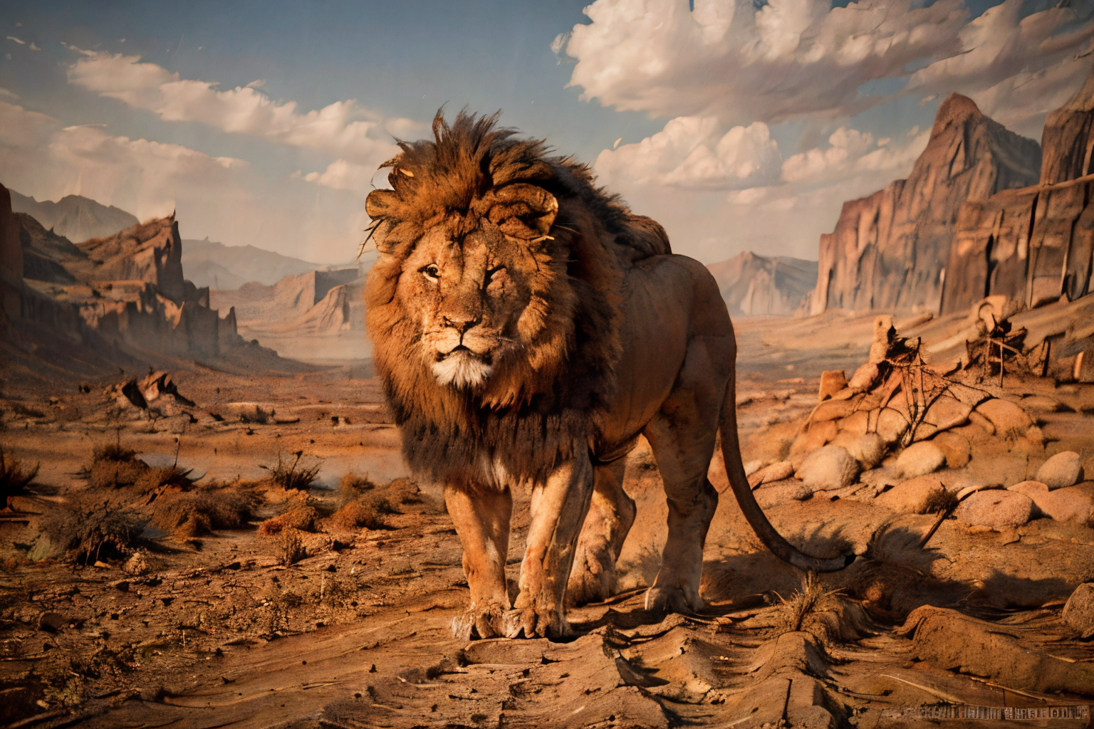desert landscape (masterpiece, best quality:1.2), ultra-detailed, demon lion walking, (realistic:1.5), <lora:EdobLion_v1.0:0.8>  <lora:Hell2_v1.0:0.8>