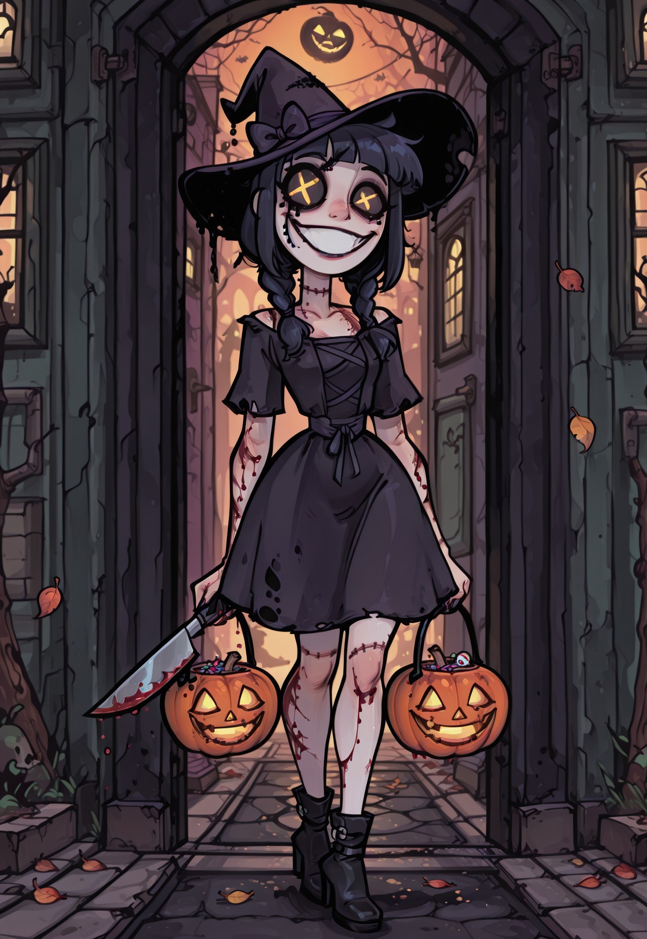 1girl,  creepy susie, ((Goth Girl with very pale skin))  , eyepatch on left eye, smile, grin, 
BREAK
score_9, score_8_up, score_7_up, score_6_up, source_cartoon,
GothMakeup,
black hair bow, black sclera, colored sclera, yellow eyes, short black hair, braids, black dress, black high heels,  stitches, injury, scars, + +, injury, scars, blood, black tears, tr1ck0rtr3at, holding, Halloween bucket in left hand, doorway, street background, jack-o'-lantern, trees, falling leaves, yellow orange and red leaves, holding a butcher knife in right hand, witch hat,  smoove