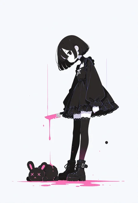 incredibly absurdres, highres, masterpiece, newest,best quality, very aesthetic, absurdres, newest, 8k, HDR, focused subject, oc-chan_(ketopon), 1girl, solo, black hair, bob cut, hair between eyes, black eyes, solid eyes, expressionless, standing, head down, from side, profile, foreshortening, (looking at viewer:1.1), pale skin, goth fashion, frilled dress, high collard,lace trim, square neckline, black tighhighs, zettai ryouiki, ankle boots, stuffed animal, holding knife, on floor, x_x, dead animal, death, murder,stabbed animal, pink blood puddle, full body, monochrome, solid white background, intricate, no lineart, no outline,minimalism, blending, 15546+456868, r17329_illu,flatline,sometyome_illu,