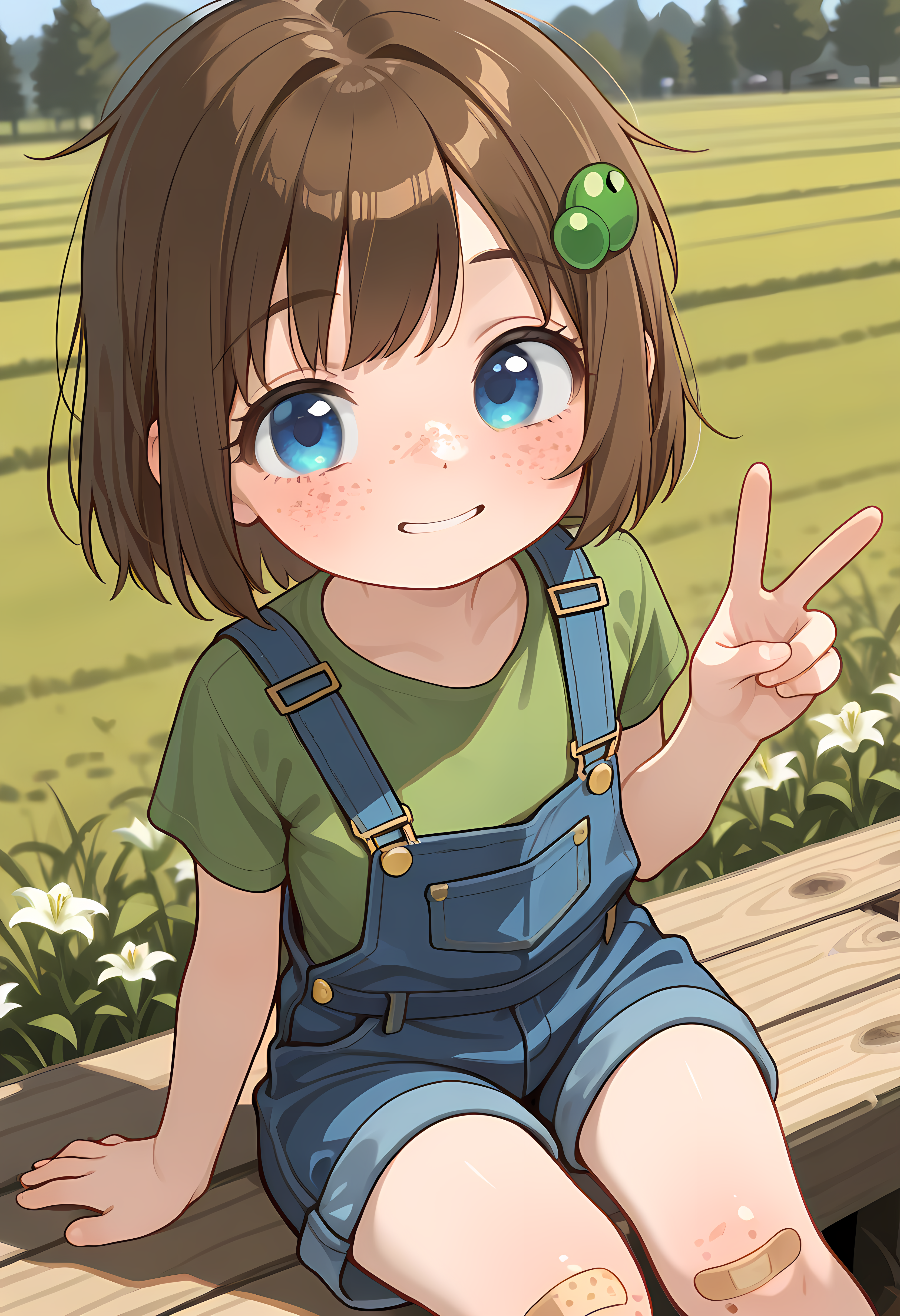 <lora:add-detail-xl:1>,masterpiece,best quality,amazing quality,very aesthetic,absurdres,newest,huge filesize,<lora:spo_sdxl_10ep_4k-data_lora_webui:0.5>,1girl, freckles, brown hair, bandaid, blue eyes, , short hair, hair ornament, bandaid on knee, face focus,farm background,Lily Hopkins, <lora:lily_hopkins_ill:0.8>,,flat chest,peace sign,blue overalls,green shirt,