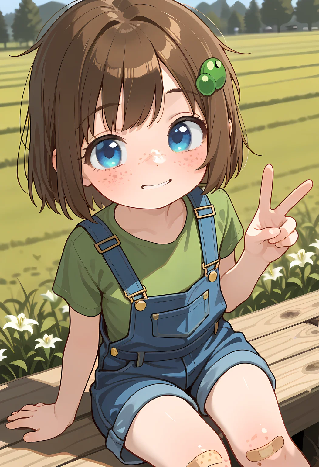<lora:add-detail-xl:1>,masterpiece,best quality,amazing quality,very aesthetic,absurdres,newest,huge filesize,<lora:spo_sdxl_10ep_4k-data_lora_webui:0.5>,1girl, freckles, brown hair, bandaid, blue eyes, , short hair, hair ornament, bandaid on knee, face focus,farm background,Lily Hopkins, <lora:lily_hopkins_ill:0.8>,,flat chest,peace sign,blue overalls,green shirt,