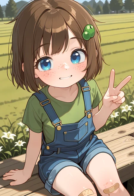 <lora:add-detail-xl:1>,masterpiece,best quality,amazing quality,very aesthetic,absurdres,newest,huge filesize,<lora:spo_sdxl_10ep_4k-data_lora_webui:0.5>,1girl, freckles, brown hair, bandaid, blue eyes, , short hair, hair ornament, bandaid on knee, face focus,farm background,Lily Hopkins, <lora:lily_hopkins_ill:0.8>,,flat chest,peace sign,blue overalls,green shirt,