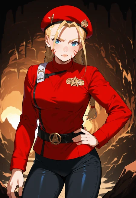 score_9, score_8_up, score_7_up, <lora:CammySF:1> source_anime, BREAK masterpiece, CammySF,blue eyes, twin braids,blonde hair, ahoge, beret, hand on own hip,breasts,
,in a cave,scenery,
(twokunf,star trek red uniform intendation,long sleeves,white shoulder strap,black pants,black belt)<lora:TWOKpony>
