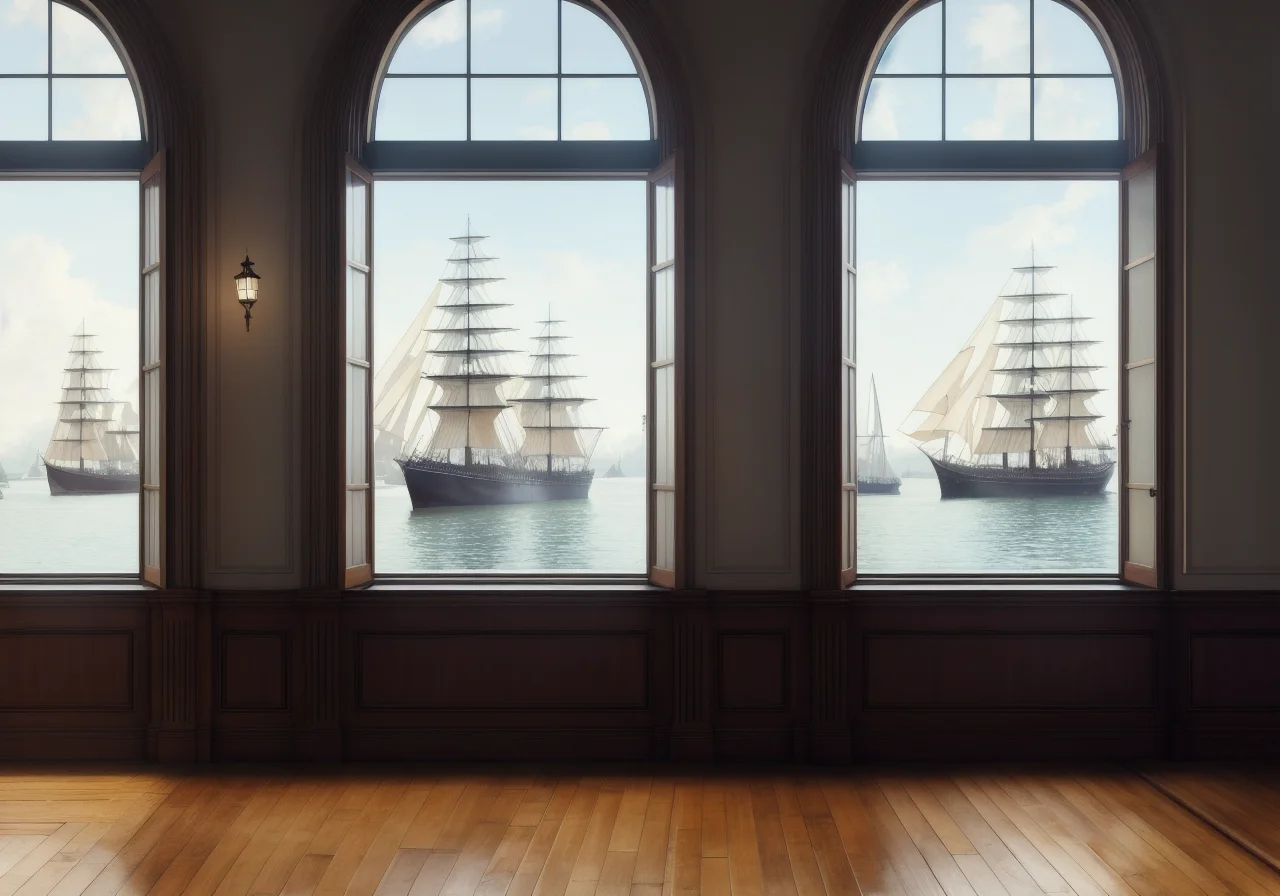 award winning photo of a dreary Victorian office, stone building wood paneling, lamp, (harbor outside window) with (sailing ships moored in distance), outrun, vaporware, shaded flat illustration, digital art, trending on artstation, highly detailed, fine detail, intricate, [Style-Empire::30]