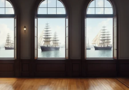 award winning photo of a dreary Victorian office, stone building wood paneling, lamp, (harbor outside window) with (sailing ships moored in distance), outrun, vaporware, shaded flat illustration, digital art, trending on artstation, highly detailed, fine detail, intricate, [Style-Empire::30]