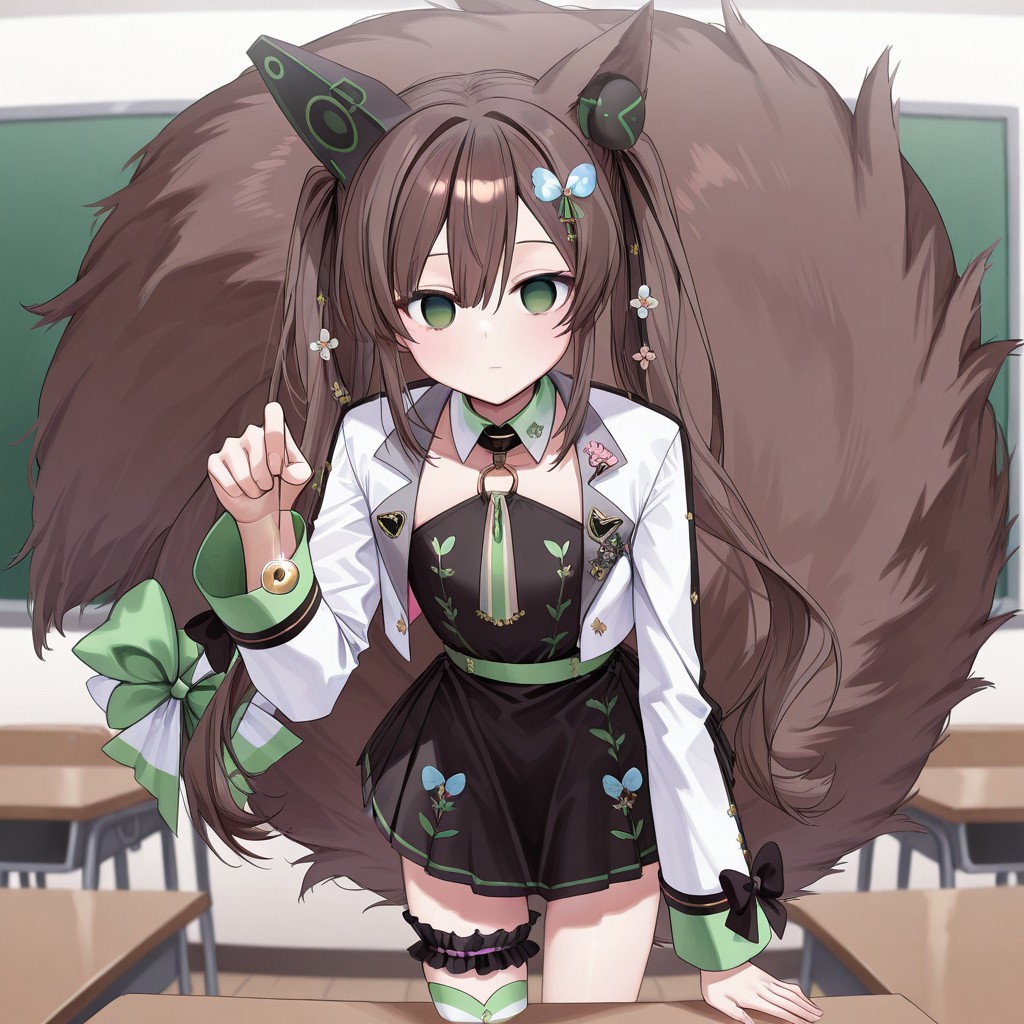 highres, masterpiece, best quality, very aesthetic, absurdres, (1girl), solo, chigusa hana, solo, virtual youtuber, long hair, brown hair, twintails, animal ears, hair between eyes, green eyes, hair ornament, cropped jacket, long sleeves, white jacket, collar, flower, black dress, pleated skirt, large tail, bridal garter, striped, single thighhigh, asymmetrical legwear, tail bow, empty eyes, cowboy shot, expressionless, school, classroom, leaning over viewer, looking at viewer, (memetic_control), pov_sub, (hypnotized_hypnotist), holding pendulum, male sub, (nagu),