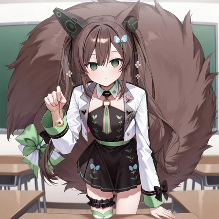 highres, masterpiece, best quality, very aesthetic, absurdres, (1girl), solo, chigusa hana, solo, virtual youtuber, long hair, brown hair, twintails, animal ears, hair between eyes, green eyes, hair ornament, cropped jacket, long sleeves, white jacket, collar, flower, black dress, pleated skirt, large tail, bridal garter, striped, single thighhigh, asymmetrical legwear, tail bow, empty eyes, cowboy shot, expressionless, school, classroom, leaning over viewer, looking at viewer, (memetic_control), pov_sub, (hypnotized_hypnotist), holding pendulum, male sub, (nagu),