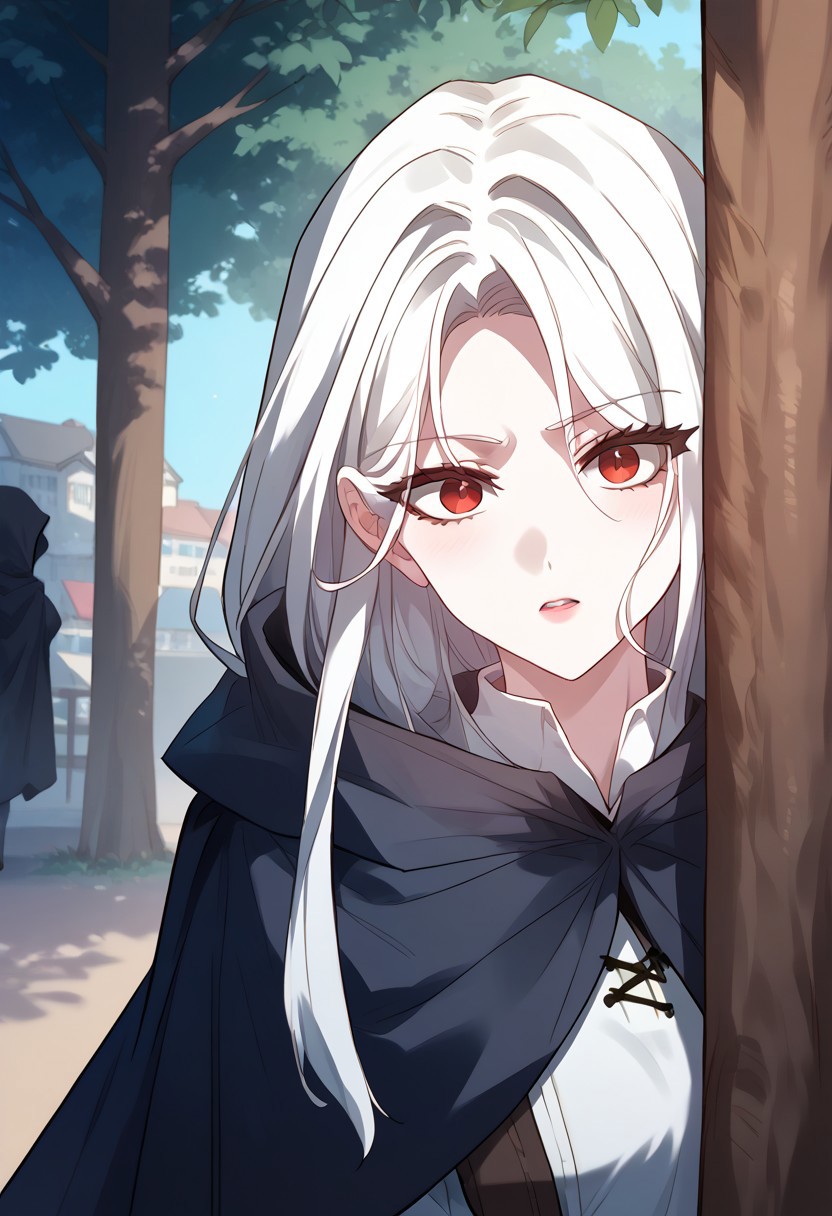 zPDXL3, score_9_up, score_8_up, score_7_up, (Anime_source), 1girl, Laila, red eyes, white hair, long hair, shirt, cape, hood, looking at viewer, (peeking out, upper body, hiding behind tree), parted lips, light blush