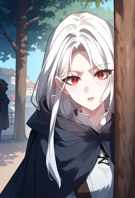 zPDXL3, score_9_up, score_8_up, score_7_up, (Anime_source), 1girl, Laila, red eyes, white hair, long hair, shirt, cape, hood, looking at viewer, (peeking out, upper body, hiding behind tree), parted lips, light blush