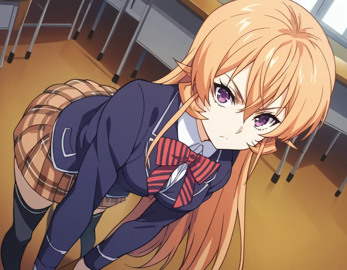 score_9, score_8_up, score_7_up, source_anime,
erinanakiri, <lora:erina-nakiri-s1-ponyxl-lora-nochekaiser:1>,
erina nakiri, long hair, orange hair, purple eyes, hair between eyes,
skirt, thighhighs, bow, school uniform, jacket, pleated skirt, shoes, black thighhighs, zettai ryouiki, plaid, plaid skirt, blazer,
indoors, classroom, bent over,
looking at viewer, cowboy shot, dutch angle, solo,