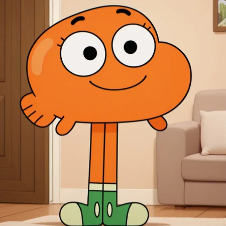 masterpiece, best quality, amazing quality, d4rw1n, male, furry male, anthro, solo, young, goldfish, orange skin, black eyes, small eyelashes, long legs, tailfin, white and green shoes, standing, smile, indoors, living room