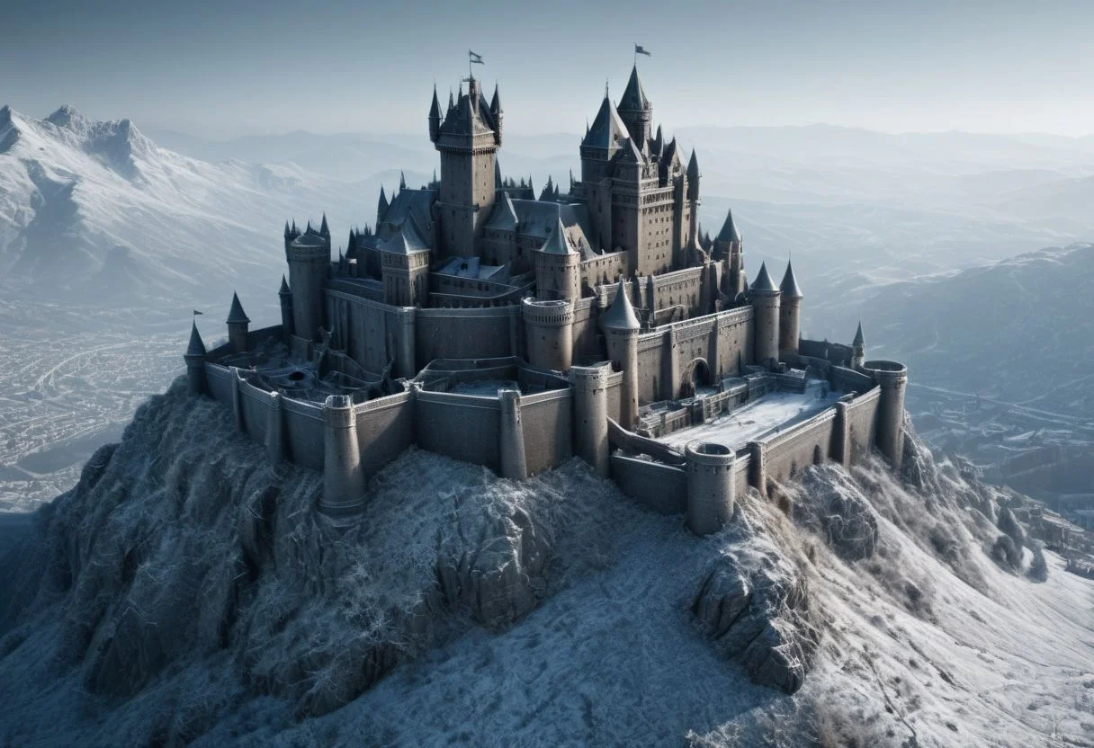 Hyper-realistic cinema-still-shot of a game of thrones castle fortress on the highest peak of the highest mountain, crenellated towers and walls, everything covered by snow frost and rime , maximum realistic detail, realistic lighting and textures, Supreme quality