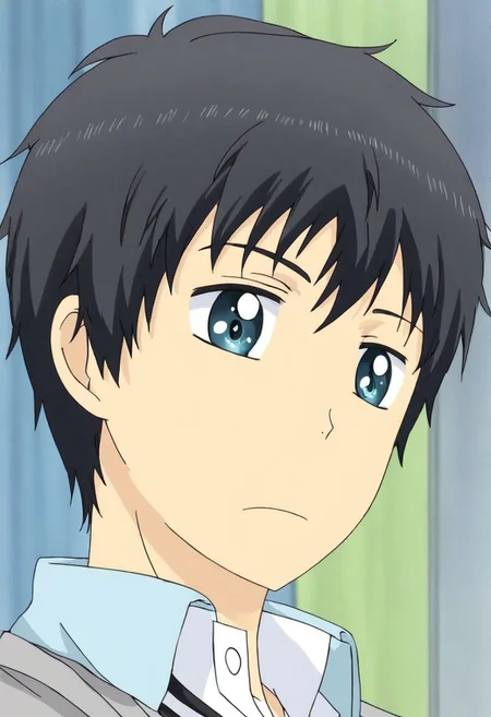 high resolution, solo, best quality, 1Boy, Arata Kaizaki, Black Hair, Blue Eyes, school life, school uniform, OverallDetail