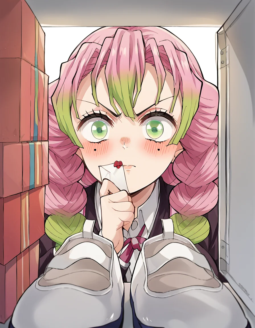 score_9, score_8_up, score_7_up, source_anime, <lora:mitsuri-kanroji-anime-ponyxl-lora-nochekaiser:1>, mitsuri kanroji, braid, gradient hair, green eyes, green hair, long hair, mole, mole under eye, multicolored hair, pink hair, twin braids, two-tone hair, large breasts, <lora:shoe-locker-pov-ponyxl-lora-nochekaiser:1> shoe locker pov, locker, letter, school, gift box, unworn shoes, blush,, ,