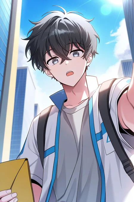 masterpiece, best quality, amazing quality, very aesthetic, high resolution, ultra-detailed, absurdres, newest, scenery, volumetric lighting, depth of field,anime screencap, , , 1boy, solo, male focus, <lora:kim_hajin:0.85>,kim hajin, black hair,grey eyes,short hair,looking at viewer, open mouth, shirt, holding, hair between eyes, jacket, white shirt, upper body, short sleeves, open clothes, bag, open jacket, white jacket, backpack, grey shirt, reaching,outdoor,day,sky,city,from below