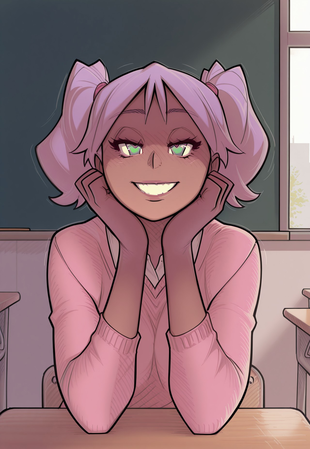 {{masterpiece, best quality, perfect face,}}, {{{{insiede, classroom, private, window, chalkboard, desk, chairs}}}}, {{{absurdres, HDR, extremely details CG,}}},

melkor_style,

1girl, solo, smiling, happy,

_m4gg13_, light purple hair, lime green eyes, dark-skinned female, twintails,

<segment:girl's face,0.3,0.3//cid=1>
{{{{extremely_beautiful_detailed_anime_face_and_eyes, source_anime,}}}}