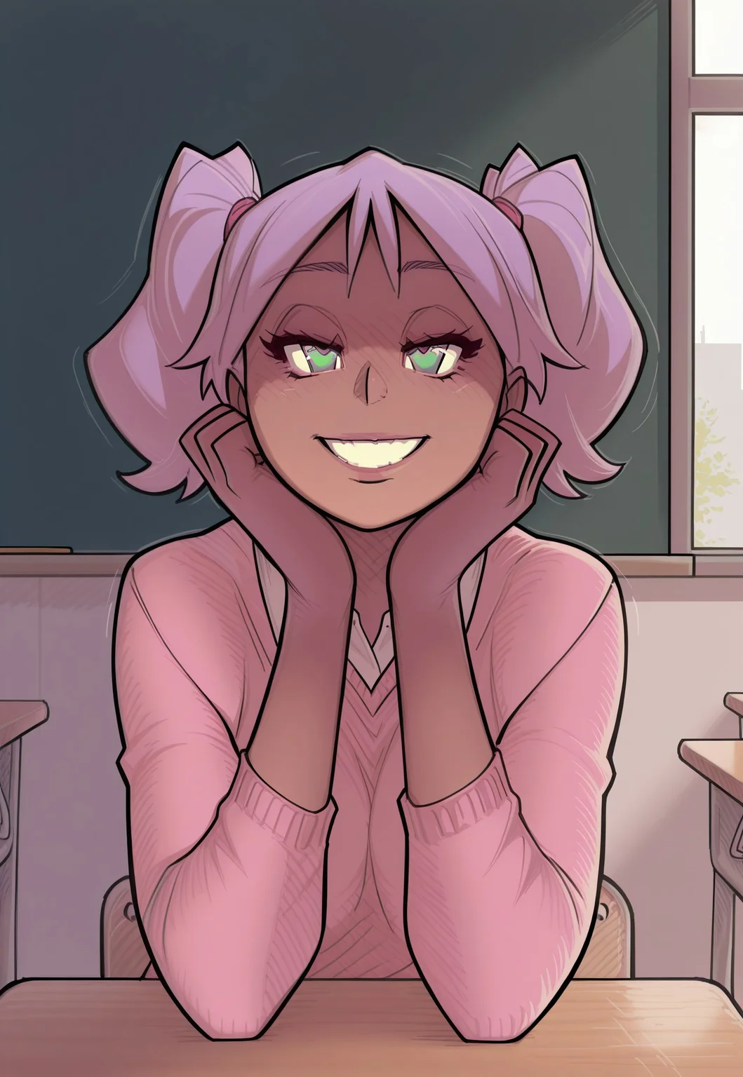 {{masterpiece, best quality, perfect face,}}, {{{{insiede, classroom, private, window, chalkboard, desk, chairs}}}}, {{{absurdres, HDR, extremely details CG,}}},
melkor_style,
1girl, solo, smiling, happy,
_m4gg13_, light purple hair, lime green eyes, dark-skinned female, twintails,
<segment:girl's face,0.3,0.3//cid=1>
{{{{extremely_beautiful_detailed_anime_face_and_eyes, source_anime,}}}}