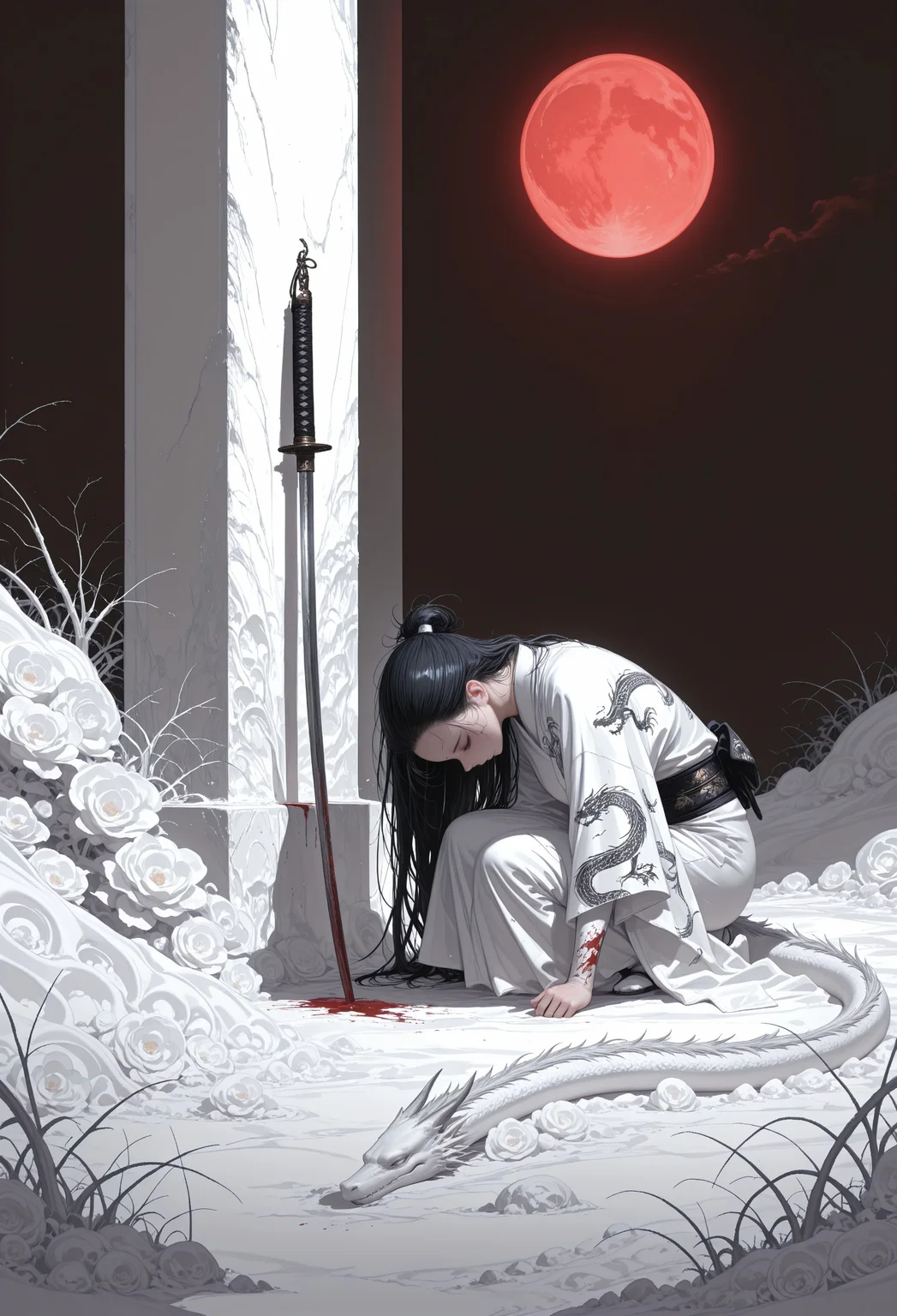 masterpiece, best quality, amazing quality, very aesthetic, incredibly absurdres, newest, highres, absurdres,focused subject,no lineart, no outlines, volumetric lighting, scenery, 1girl, solo, long hair, black hair, head down, japanese clothes, dragon print, sword, blood, planted weapon, katana, hair pulled back, blood splatter, moon, red moon, white theme,fine art,from side