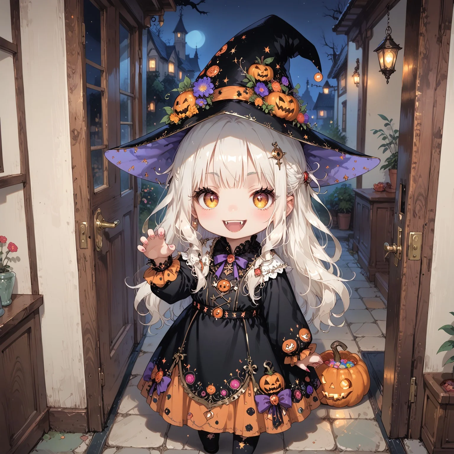 score_9, score_8_up, score_7_up, source_anime, (((2girls))), standing next to each other, girla and girlb, (ultra HD quality details), anime, slightly chibi, BREAK,
girla, on the left, witch costume, witch hat, smug expression, 
BREAK,
girlb, on the right, vampire costume, fangs, claw pose, 
BREAK,
(detailed image, high resolution, 5k resolution:1.0), trick or treat, veranda, at the door, looking up, holding candy bags, facing viewer, front view, from above, halloween aesthetics, evening, bhands