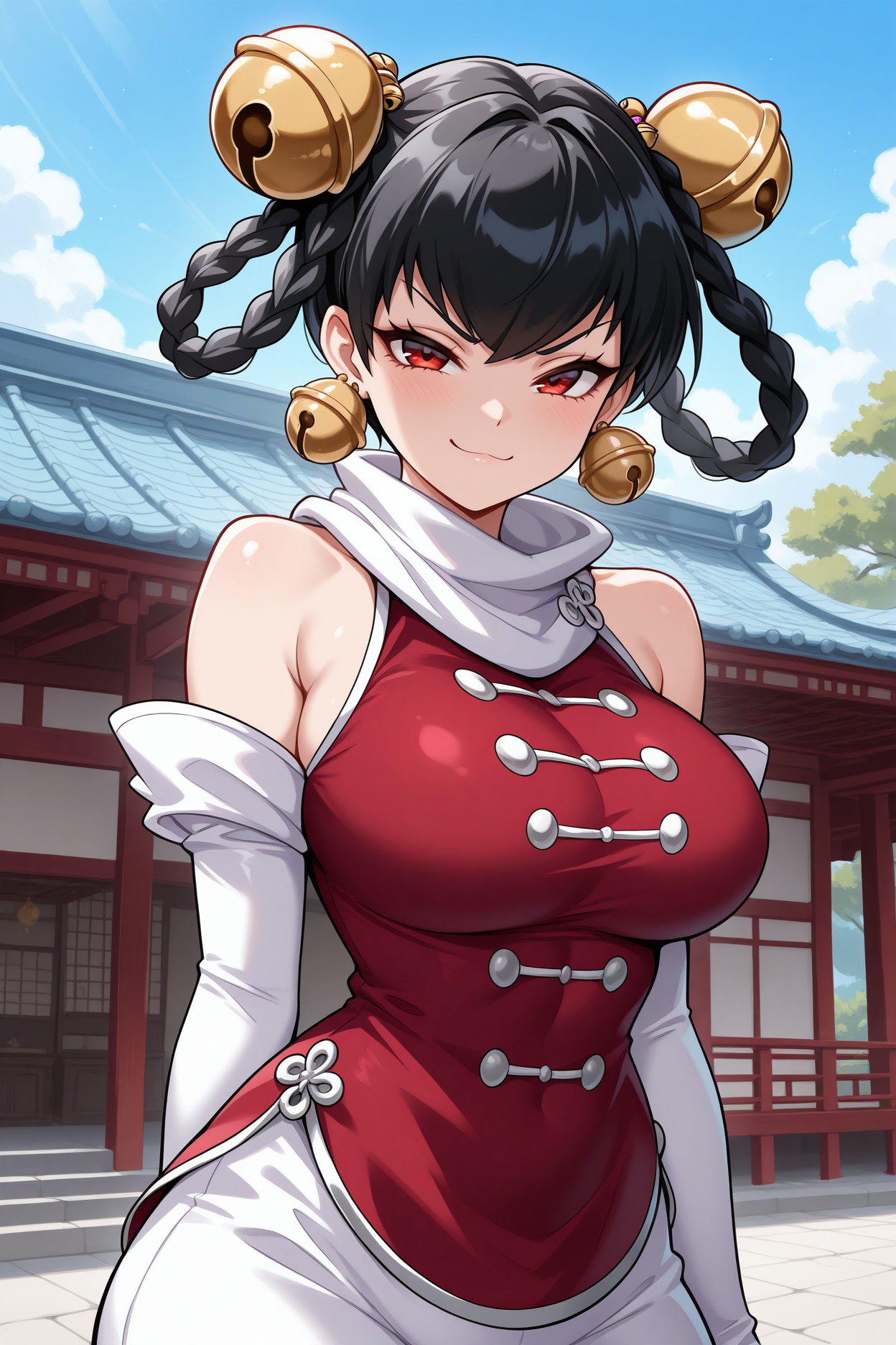 masterpiece, best quality, 1girl, solo,  <lora:opmlinlin-illu-nvwls-v1-000006:1> opmll, black hair, short hair, hair rings, twin braids, red eyes, hair bell, earrings, white scarf, red shirt, sleeveless shirt, detached sleeves, elbow gloves, white pants, baggy pants, large breasts, upper body, looking at viewer, smug, blue sky, east asian architecture, portrait, shiny shirt
