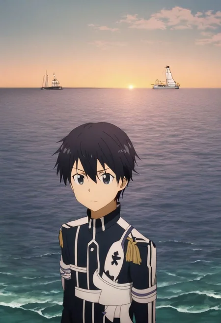 high resolution, solo, best quality, 1Boy, Kazuto Kirigaya, Black Hair, Black Eyes, sea, bow cruise ship, stong wind, ocean, OverallDetail