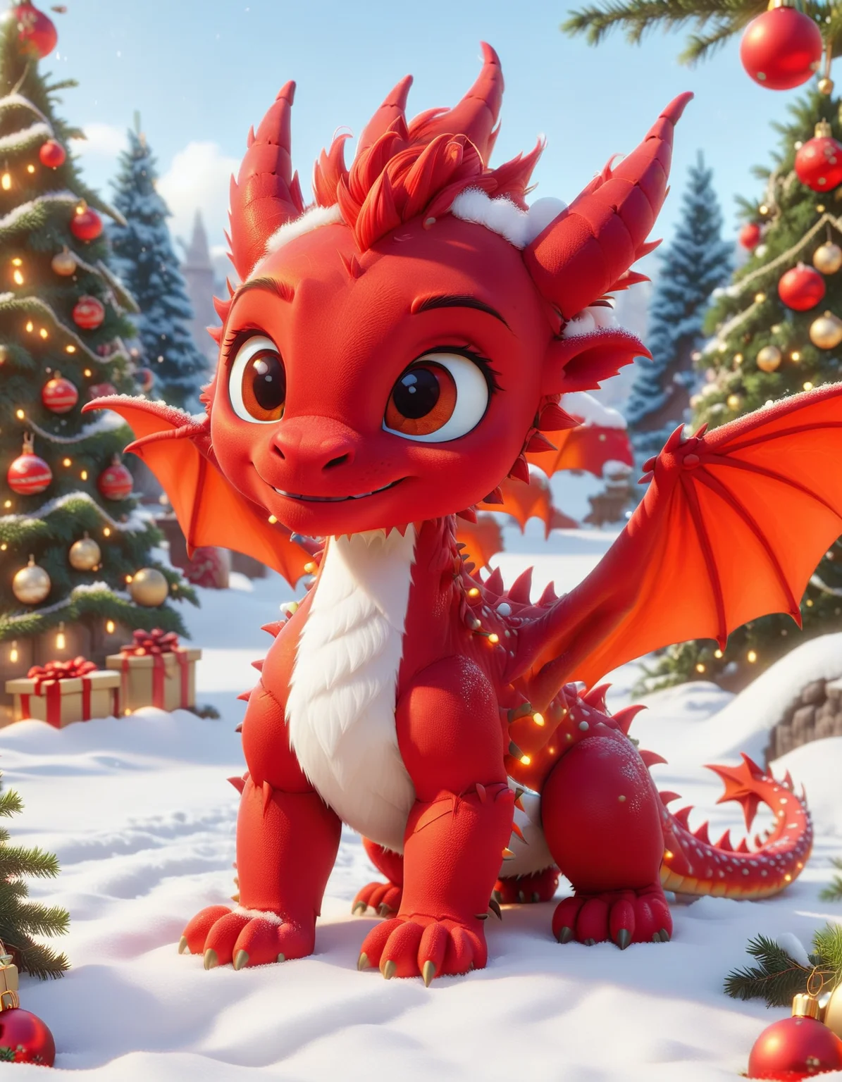 instant christmas, disney pixar style, cute adorable red dragon, outside in the snow