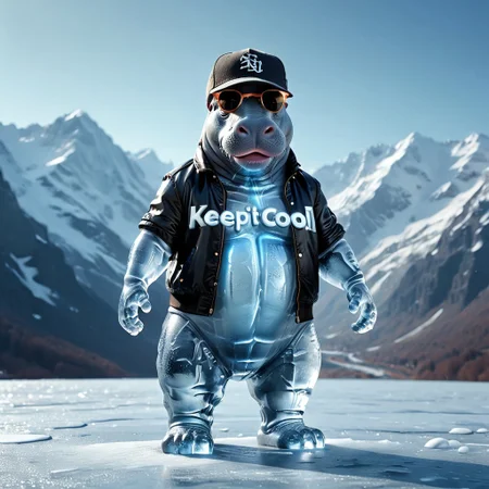((((("KEEP IT COOL!" text logo made of ice)))) <lora:dvr-ftl:0.8>,
1c3_w1n73r, magicNpolished, shiny, polished, reflection, glowing, light
Anthropomorphic Hippo made of 1c3_w1n73r, wearing sunglasses, jacket, loose pants, baseball cap
Standing on hind legs.
Icy mountains background.