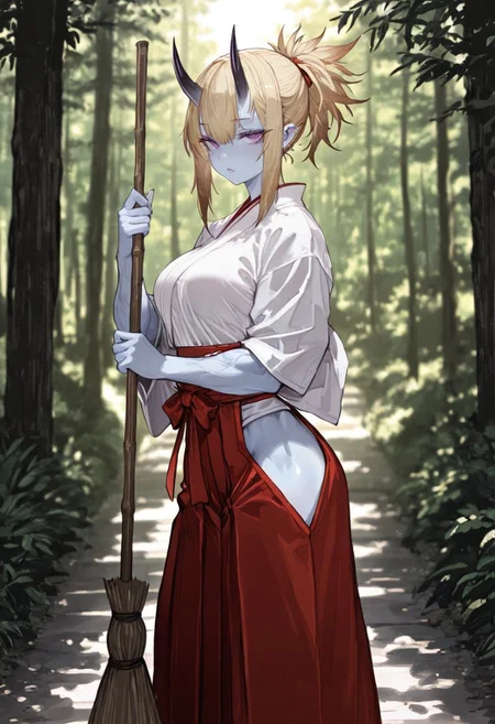 masterpiece, best quality, amazing quality, 1girl,
8K, illustrating, CG, detailed-eyes, detailed background, cute girl, eyelashes, lowlight
BREAK
detailed background, eyelashes, erotic, looking seductive, coy. dynamic action image, detailed face, detailed eyes, direct mesmerizing gaze,
BREAK
(EyesHD:1.2), (4k,8k,Ultra HD), masterpiece, best quality, ultra-detailed, very aesthetic, sharp focus, depth of field, ray tracing, best lighting, detailed illustration, detailed background, cinematic, beautiful face, beautiful eyes,
BREAK
(sexy, slutty, hot, aroused),
Aka-Oni, oni, colored skin, light blue skin, smooth horns, black horns, muscular female, large muscles, blonde hair
BREAK
miko, japanese clothes, red hakama, white kimono, tree, (forest), broom, holding broom, sweeping, hakama short skirt, hip vent, (torii:0.9), looking at viewer,, blurry, blurry background, purple eyes,