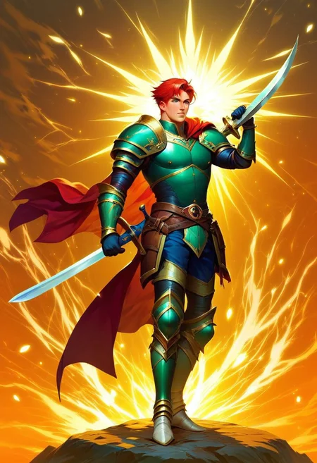 score_9, score_8_up, score_7_up, full body portrait,
BREAK. handsome man, he is dressed in a suit of dark iron platemail.
Break.
he is holding up a white coloured sword. Properly holding the sword by the hilt.
, short red hair, masculin, medium build body,
his armour bears a crest of a green dove.
fantasy armour. stylized silver dove emblems and symbols on armour and sheild.
Break.
epic background is a a beautiful palace. a strong wind is blowing his cape.
