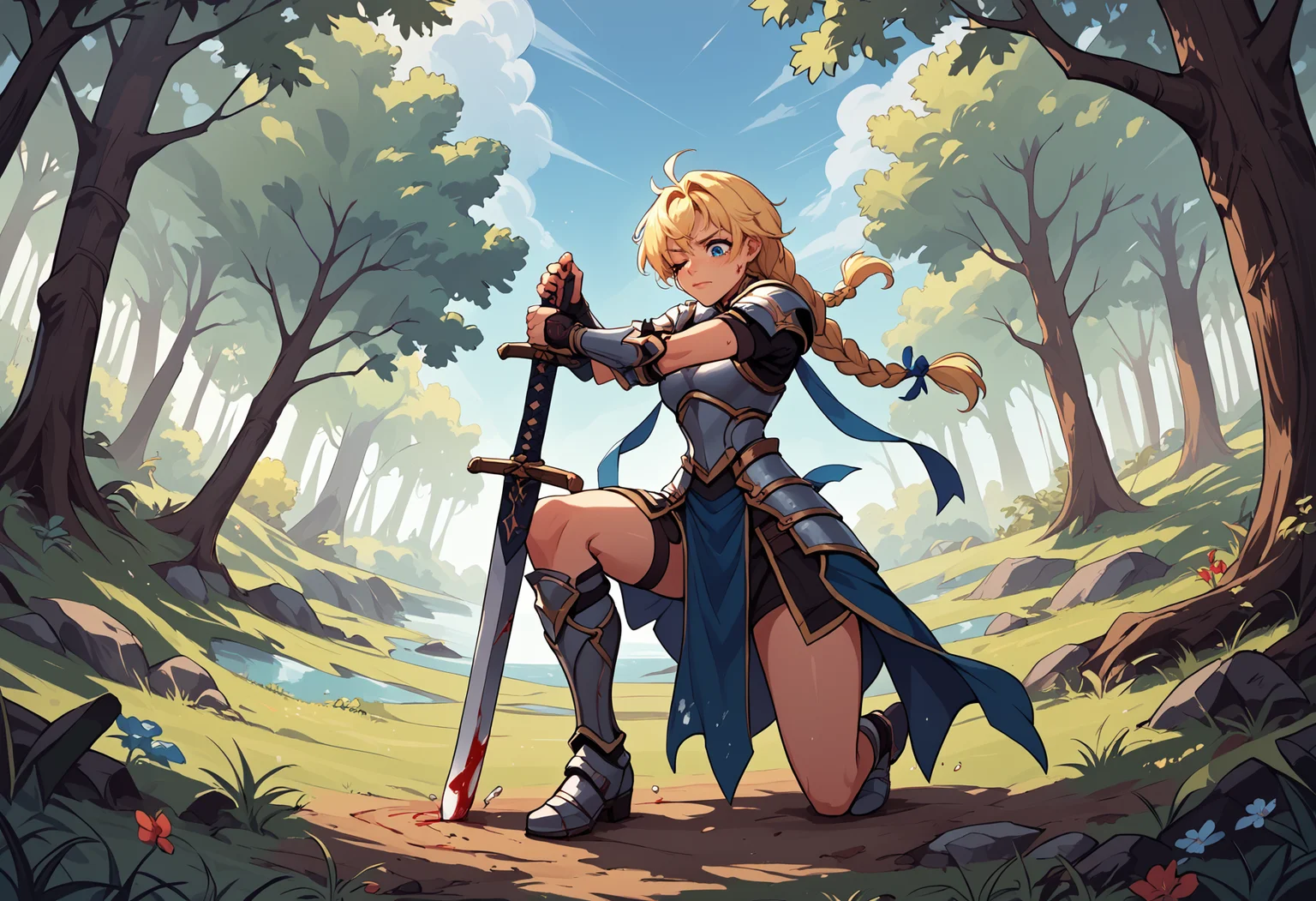 score_9, score_8_up, score_7_up, source_anime,rating:safe, ultra details,masterpiece,4k,best quality, hires, both-hand-hilt, hands on hilt, planted sword,holding sword, large sword, 1girl,on one knee, one eye closed,braided hair, armor, blonde hair, blue eyes, looking down, struggling, injury, blood on face full body, forest
<lora:Both hand planted sword (pony) v1:1>
