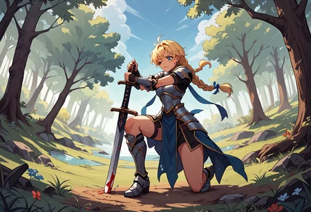 score_9, score_8_up, score_7_up, source_anime,rating:safe, ultra details,masterpiece,4k,best quality, hires, both-hand-hilt, hands on hilt, planted sword,holding sword, large sword, 1girl,on one knee, one eye closed,braided hair, armor, blonde hair, blue eyes, looking down, struggling, injury, blood on face full body, forest
<lora:Both hand planted sword (pony) v1:1>