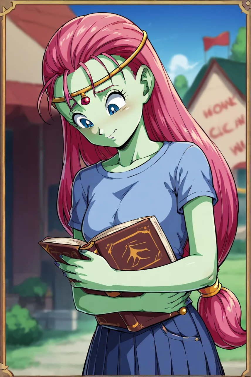 score_9_up, score_8_up, score_7_up, score_6_up, Dragon_ball_Style, <lora:Cawaydbs:0.9>, 1girl, solo, colored skin, blue eyes, low-tied long hair, long hair, pink hair, green skin, circlet, (Comic Book Style),(female-poses), (Dark red)(Pleated chiffon blouse with a high-neck collar. :1.2), (Moss green)(High-waisted skinny jeans with distressed details.), (fantasy city background:1.2), (looking down), (nervous), detailed background, 4k, masterpiece, best quality