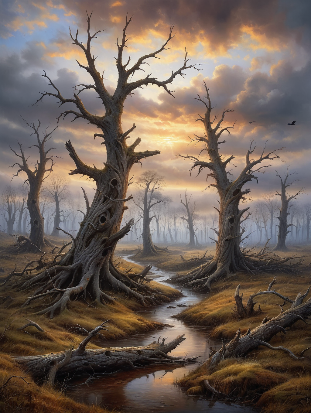 oil painting, a forest of gnarled old dead trees without leaves with twisted branche, 34K uhd, masterpiece, high detail, 8k, intricate, detailed, high resolution, high res, high quality, <lora:add-detail-xl:1.8>, highly detailed, Extremely high-resolution details, fine texture,