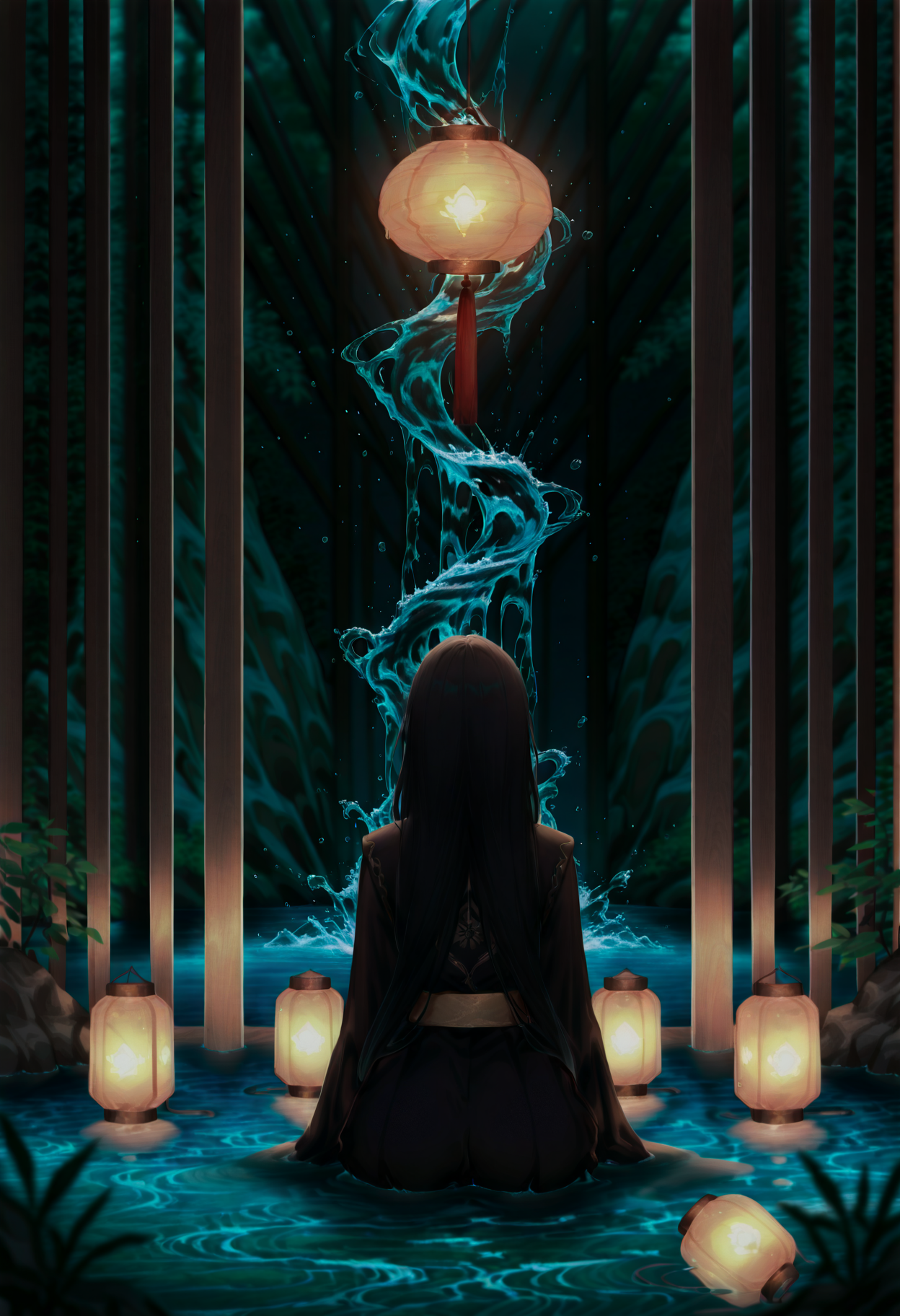 <lora:MythweaverILXL:1> mythw3av3r,
long hair, black hair, solo, lantern, facing away, blurry, water, sitting, from behind, 1girl, depth of field, masterpiece, best quality, amazing quality, intricate detail, highly detailed, absurdres, very aesthetic, dynamic lighting, detailed background, scenery, (volumetric lighting)