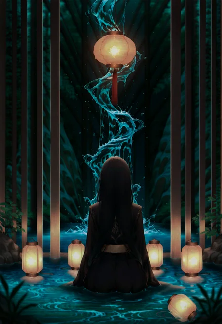 <lora:MythweaverILXL:1> mythw3av3r,
long hair, black hair, solo, lantern, facing away, blurry, water, sitting, from behind, 1girl, depth of field, masterpiece, best quality, amazing quality, intricate detail, highly detailed, absurdres, very aesthetic, dynamic lighting, detailed background, scenery, (volumetric lighting)
