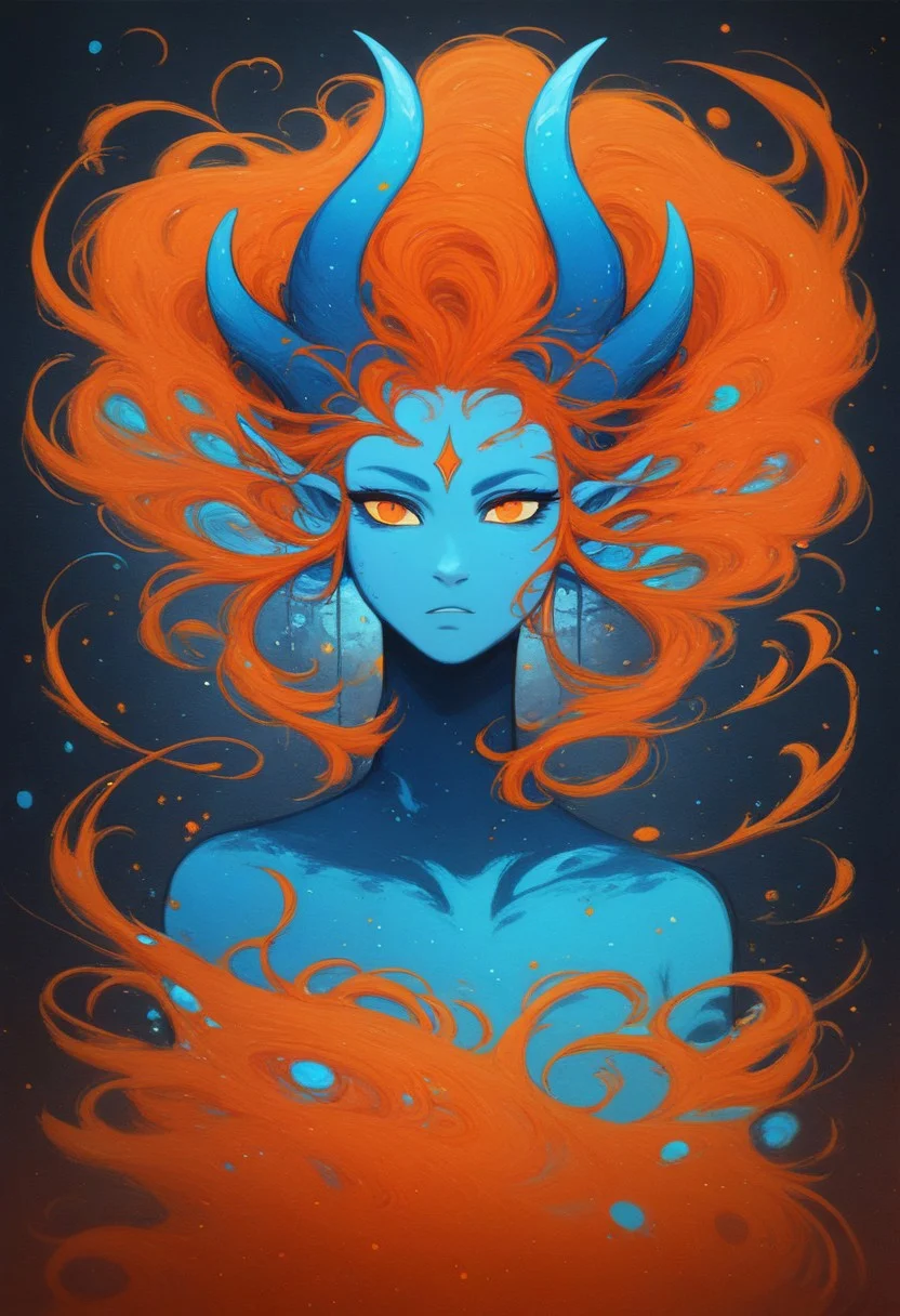 score_8_up, abstract, ((CMYK)), beautiufl and regal demon woman, blue horns, orange eyes, blue skin, long orange hair, blue and orange particles, orange outfit, abstract blue and orange background, <lora:NoctAbstractConcept:1>