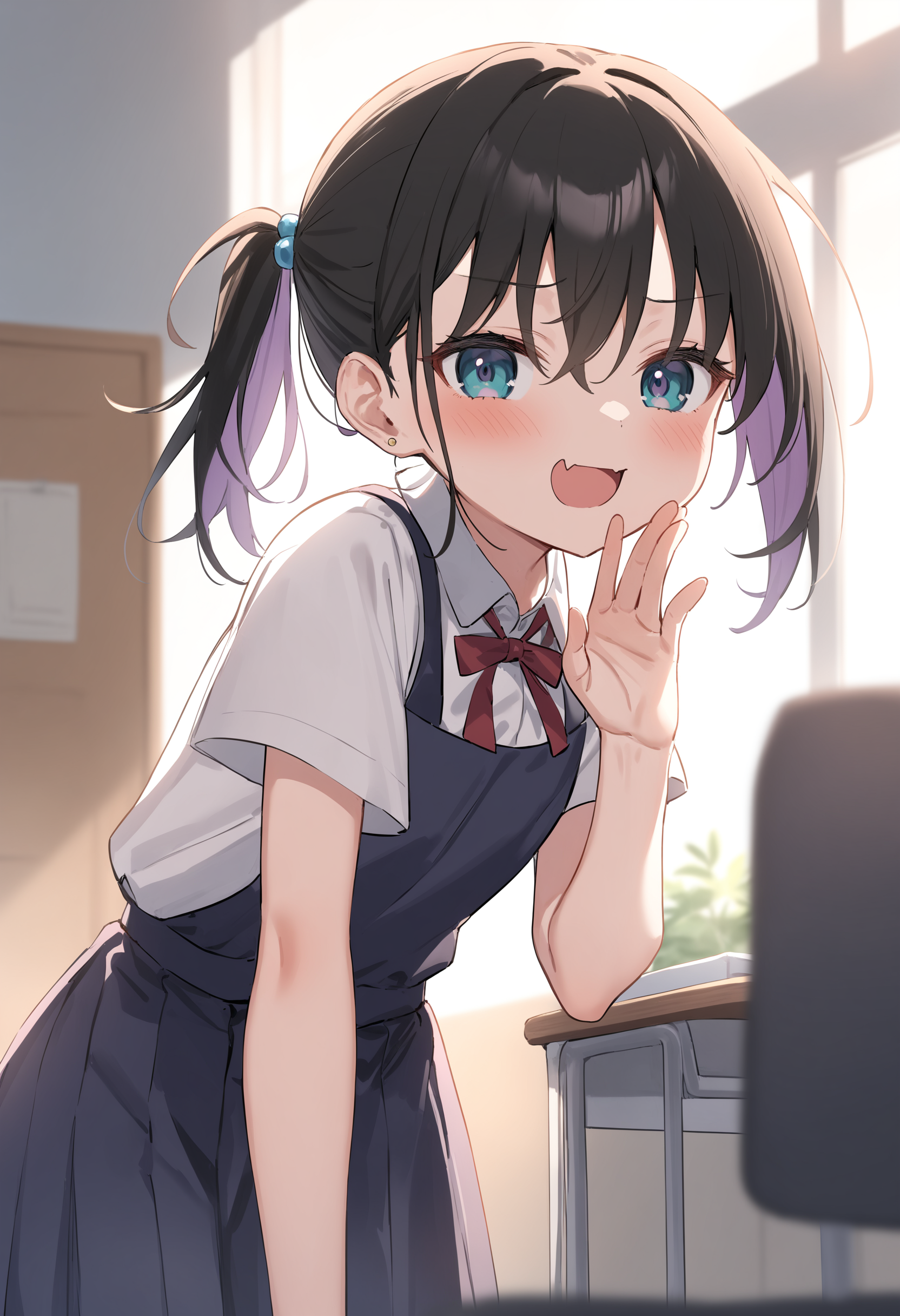 1girl,sincos, ningen mame, toosaka asagi,solo,medium breasts,school uniform,short sleeves,
mesugaki, smile, looking at viewer, blush, hand up, skin fang,<lora:mesugaki_XL_v1:0.9>
from side, feet out of frame, looking to the side, purple hair, silver eyes,expressionless, science room, closed mouth, short ponytail hair,,
best quality, very aesthetic, absurdres