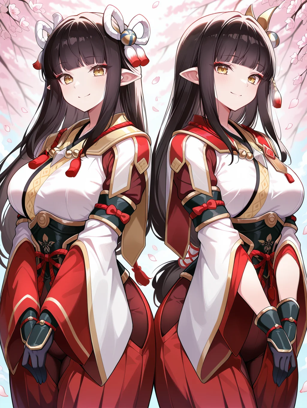 twins,minoto,hinoa,2girls,large breasts,cherry blossoms,red eyeliner,petals,looking at viewer,smile,sidelocks,side hair ornament,white japanese clothes,black partially fingerless gloves,red hakama skirt,double hair ornament,white kimono,red sleeves,black gloves,
masterpiece,best quality,amazing quality,very aesthetic,absurdres,newest,<lora:Minoto and Hinoa illuXL v1.1:0.8>,