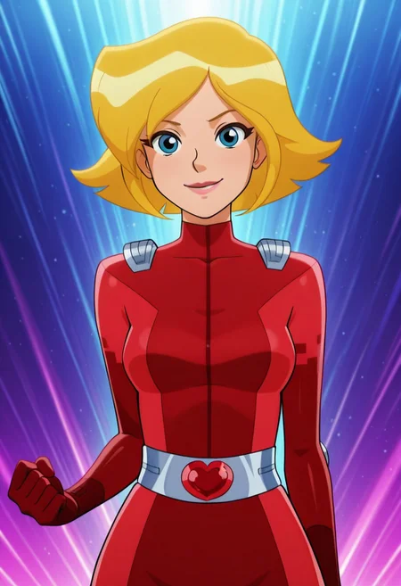 masterpiece, best quality, good quality, 1girl, solo, cartoon, totally_spies_2k24, cl0ver, blonde hair, blue eyes, red bodysuit, sexy, medium breasts, beautiful, detailed, high detailed, very beautiful, detailed face, detailed eyes, detailed hand, abstract background, neon, smile, looking at viewer, face focus