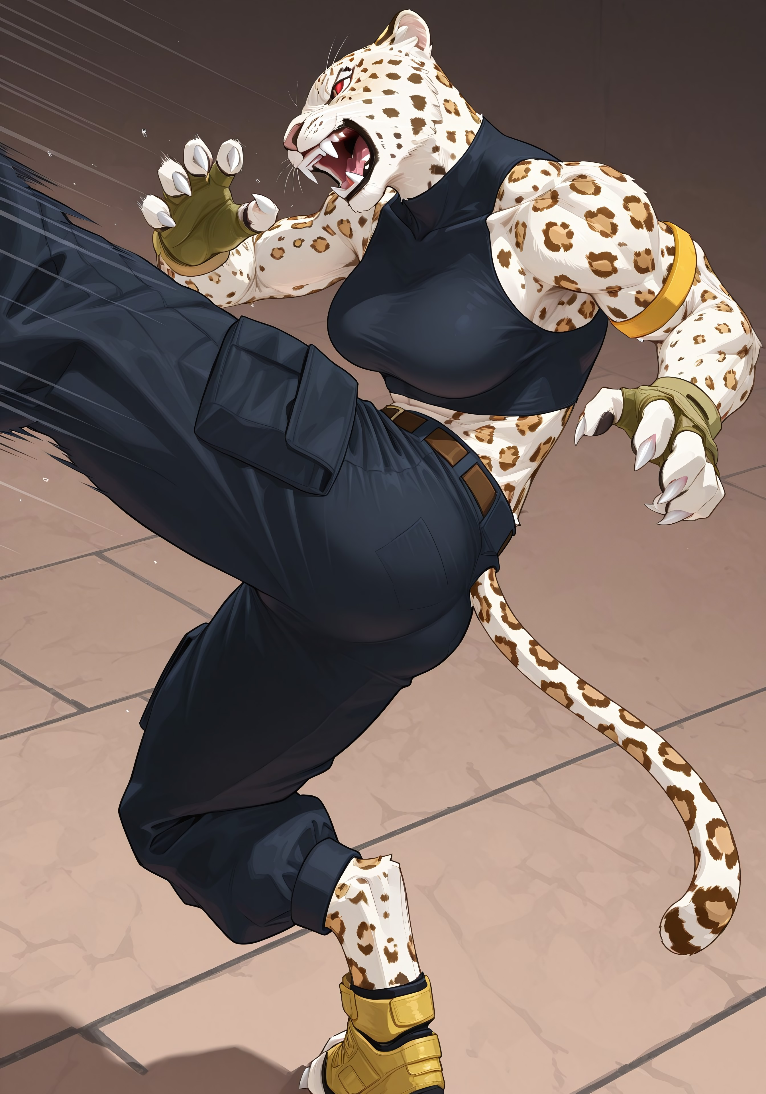 safe_pos, highres, absurdres, masterpiece, best quality, source_anime, ShinaBR2, furry, leopard, white fur, red eyes, vertical slit pupils, fangs, tail, white claws, three fingers, three toes, 1girl, solo, sexy, muscle, camouflage, collarbone, cleavage, large breasts, navy crop top, navy baggy pants, midriff, sleeveless, bare shoulders, yellow armlet, dark yellow fingerless gloves, navel, brown belt dark yellow combat boots, sweat, heat, motion lines, motion blur, dynamic pose, evil smile, open mouth, kicking, one leg up