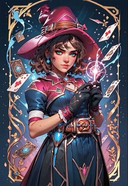 ((zPDXL3)), ((masterpiece,best quality, highly detailed)), ((score_9)), score_8_up, score_7_up, score_6_up, score_5_up, score_4_up, Digital painting style, brushstrokes, ((EnhanceImage)), solo, 1girl, witchkiri, brown hair, blue eyes, gloves, (witch hat), pink and blue clothes, tarot cards, belt,
Expressiveh, 30yo, 
chinese magical sorceress, animated, swirling magic, wisps of magic, magical accessories, evoking motion, conveying motion, dynamic splash art, ((handfixer)), four fingers, one thumb, detailed background, 
<lora:PainterlyFantasiaPDXL:0.6>,